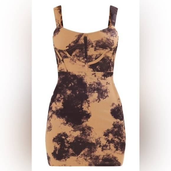 NWT Pretty Little Thing Brown Abstract Rib Corset Detail Bodycon Dress 0081 - Picture 3 of 10